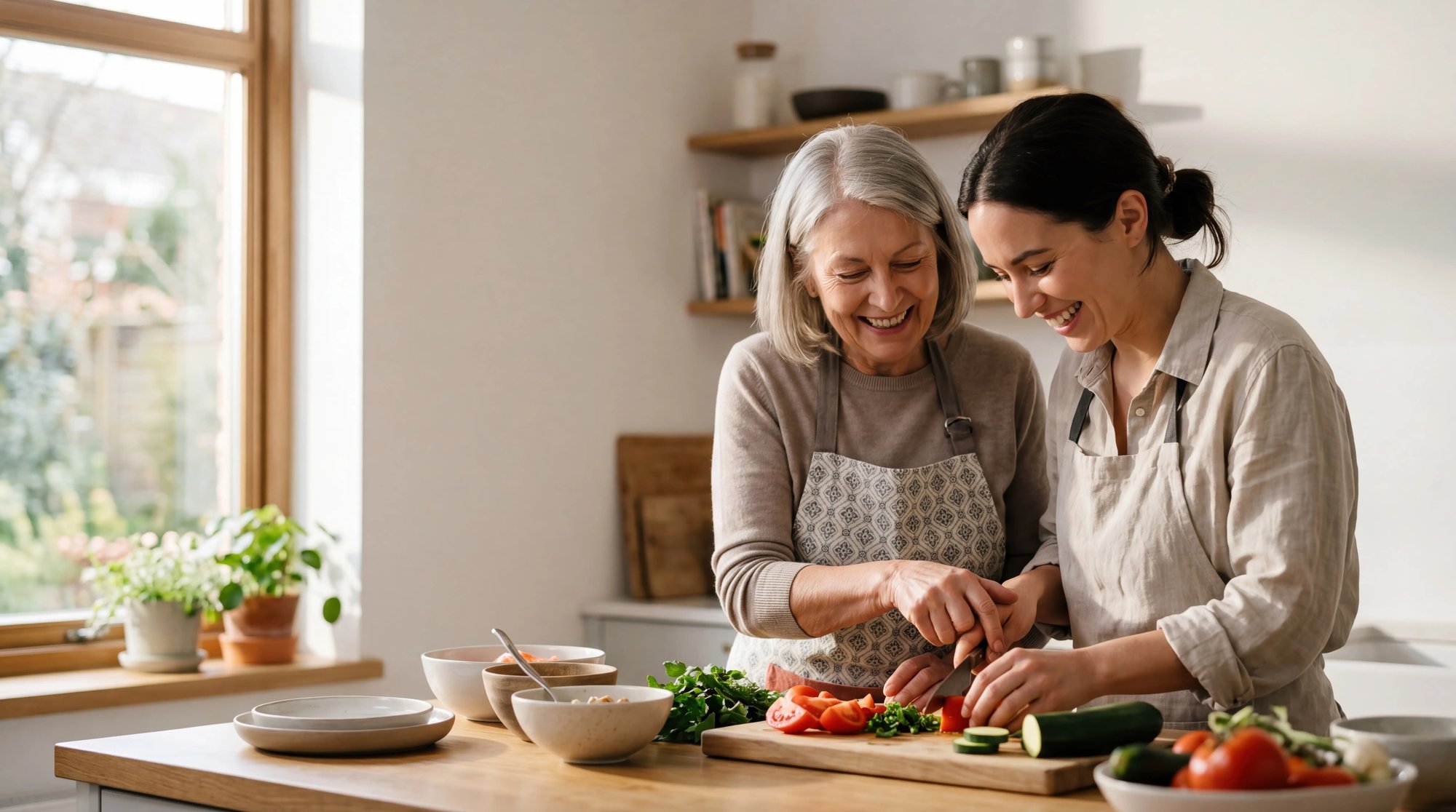 Grandmother and granddaughter chopping vegetables together for a family meal
