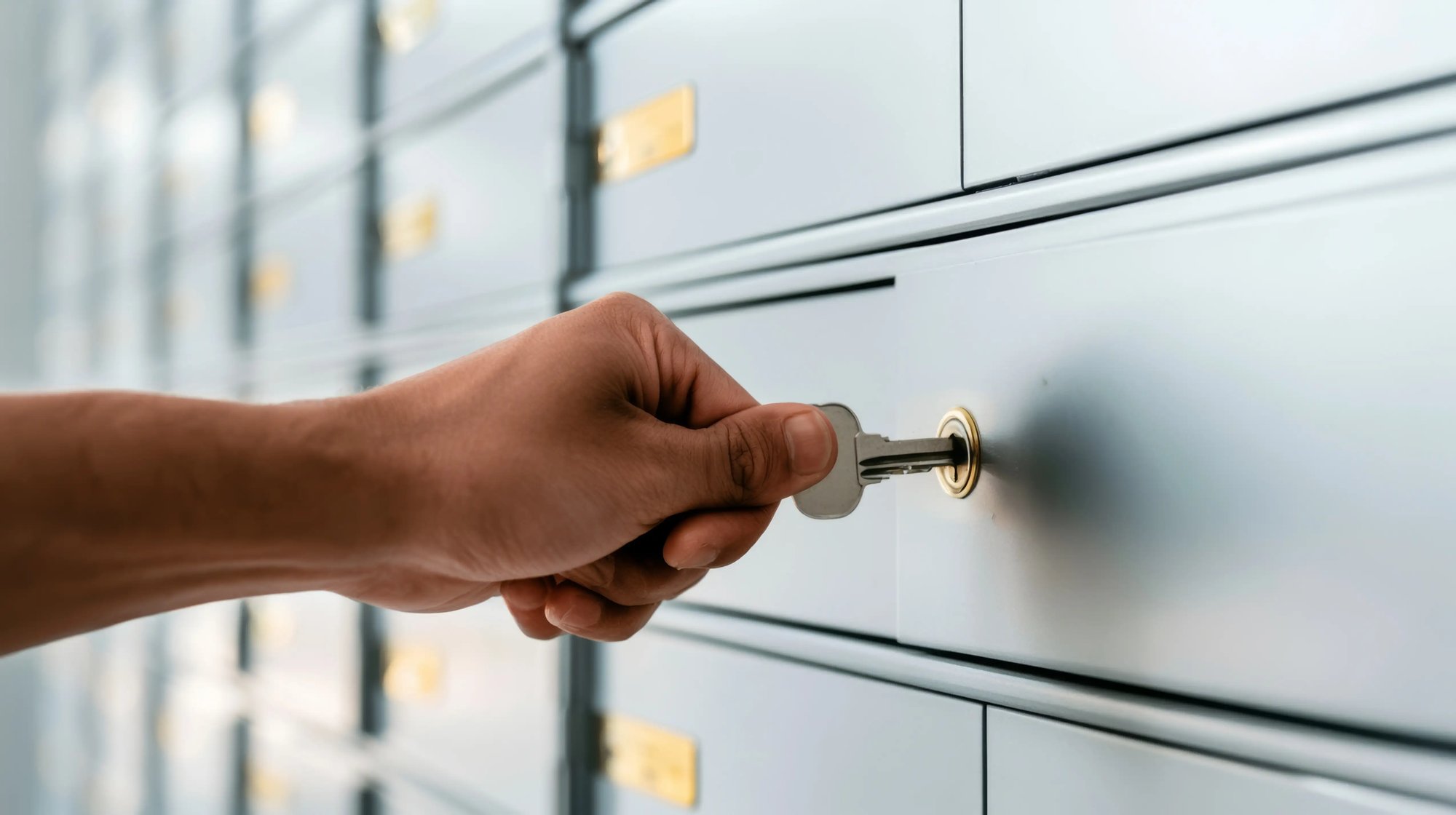 Close-up of a key being used to unlock a lockbox drawer