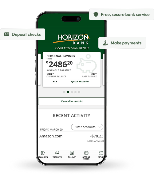 Horizon Bank mobile banking app with account balance and banking feature highlights