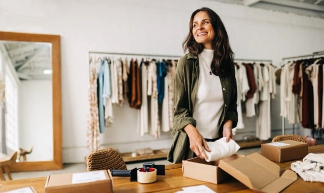 Woman in front of clothing